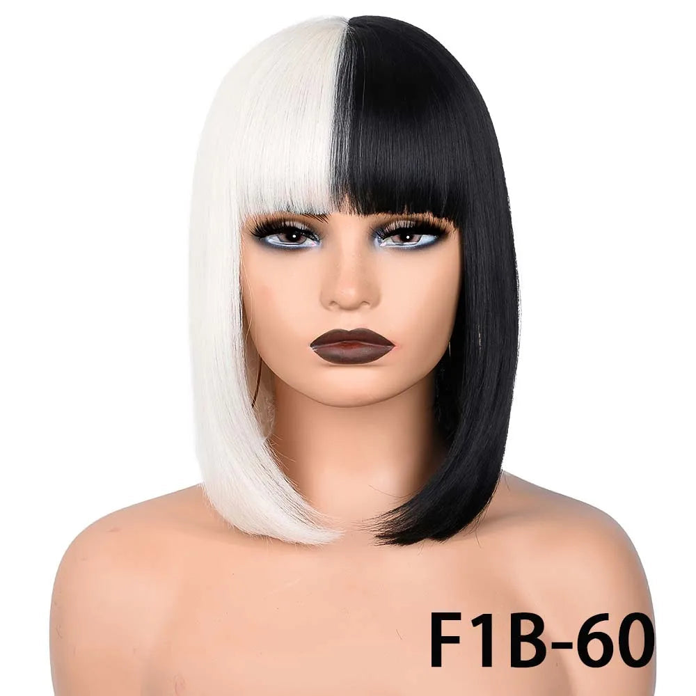 Short Straight Bob With Bangs Synthetic Wig white black