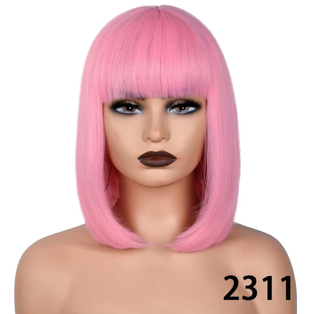 Short Straight Bob With Bangs Synthetic Wig pink