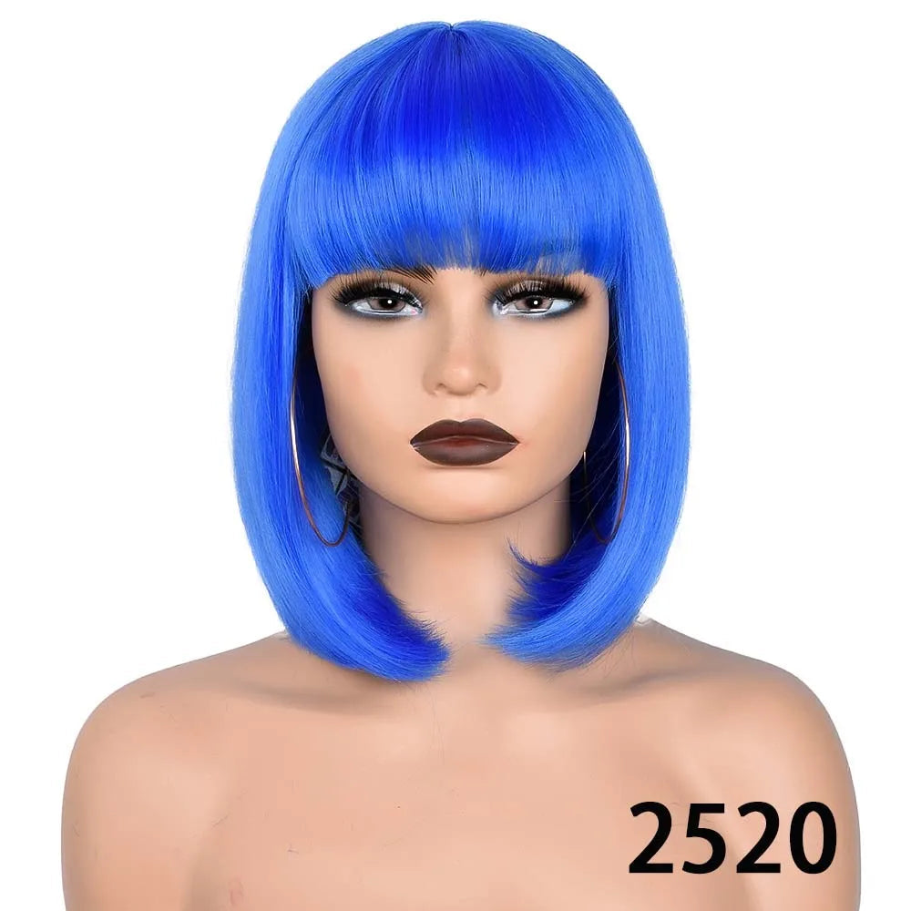 Short Straight Bob With Bangs Synthetic Wig blue