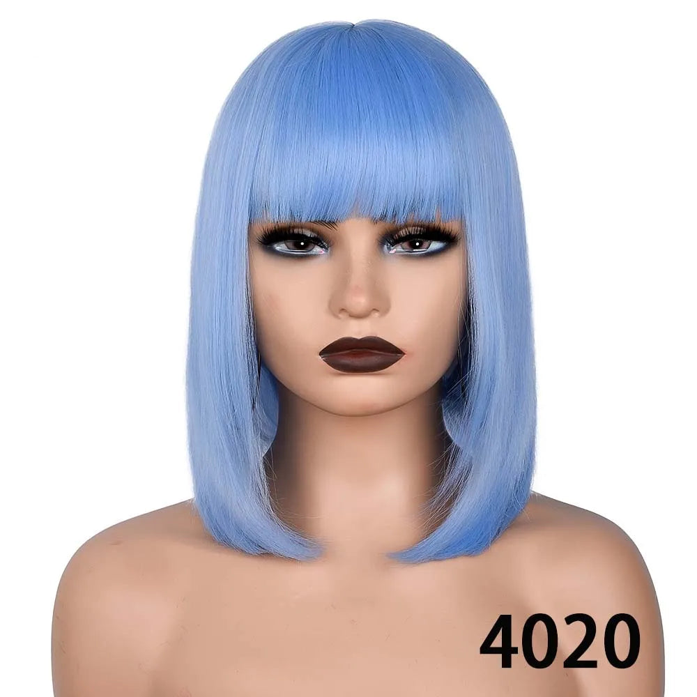 Short Straight Bob With Bangs Synthetic Wig blue