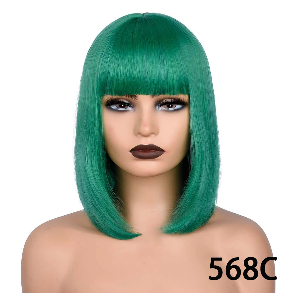Short Straight Bob With Bangs Synthetic Wig green