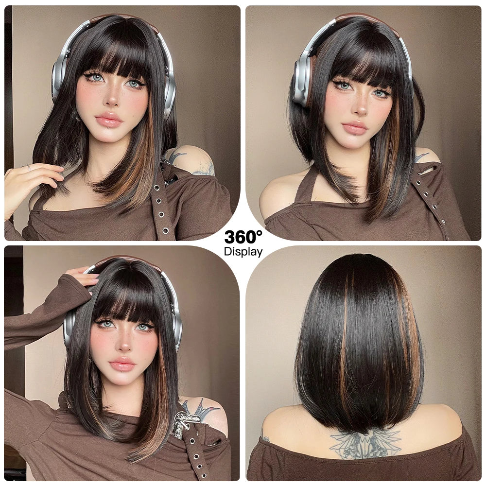 Short Straight Bob with Bangs Black Synthetic Hair Wigs