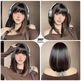 Short Straight Bob with Bangs Black Synthetic Hair Wigs