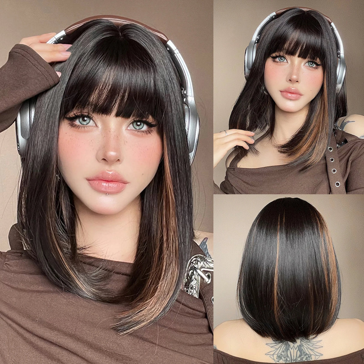 Short Straight Bob with Bangs Black Synthetic Hair Wigs