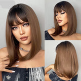 Ash Brown Short Straight Bob with Bangs Synthetic Hair Wigs