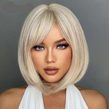 White Short Straight Bob with Bangs Synthetic Hair Wigs