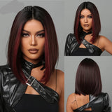 Red Black Short Straight Bob with Bangs Synthetic Hair Wigs