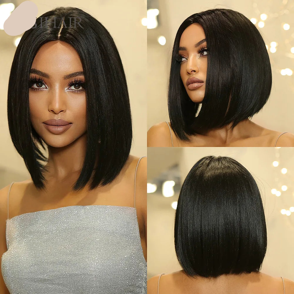 Black Short Straight Bob with Bangs Synthetic Hair Wigs