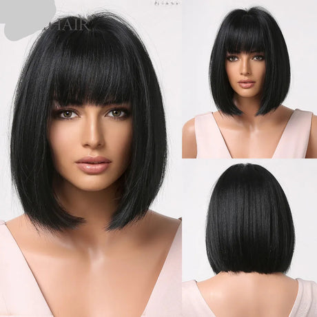 Black Short Straight Bob with Bangs Synthetic Hair Wigs