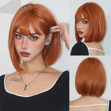 Orange Short Straight Bob with Bangs Synthetic Hair Wigs