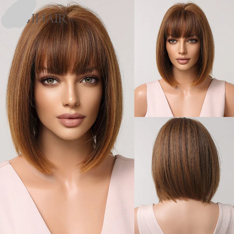 Brown Short Straight Bob with Bangs Synthetic Hair Wigs