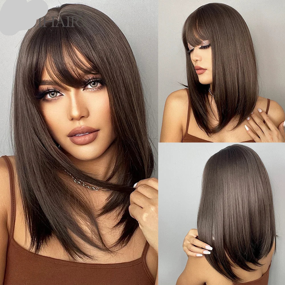 Light Black Short Straight Bob with Bangs Synthetic Hair Wigs