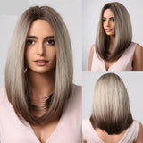 Ash Gray Short Straight Bob with Bangs Synthetic Hair Wigs