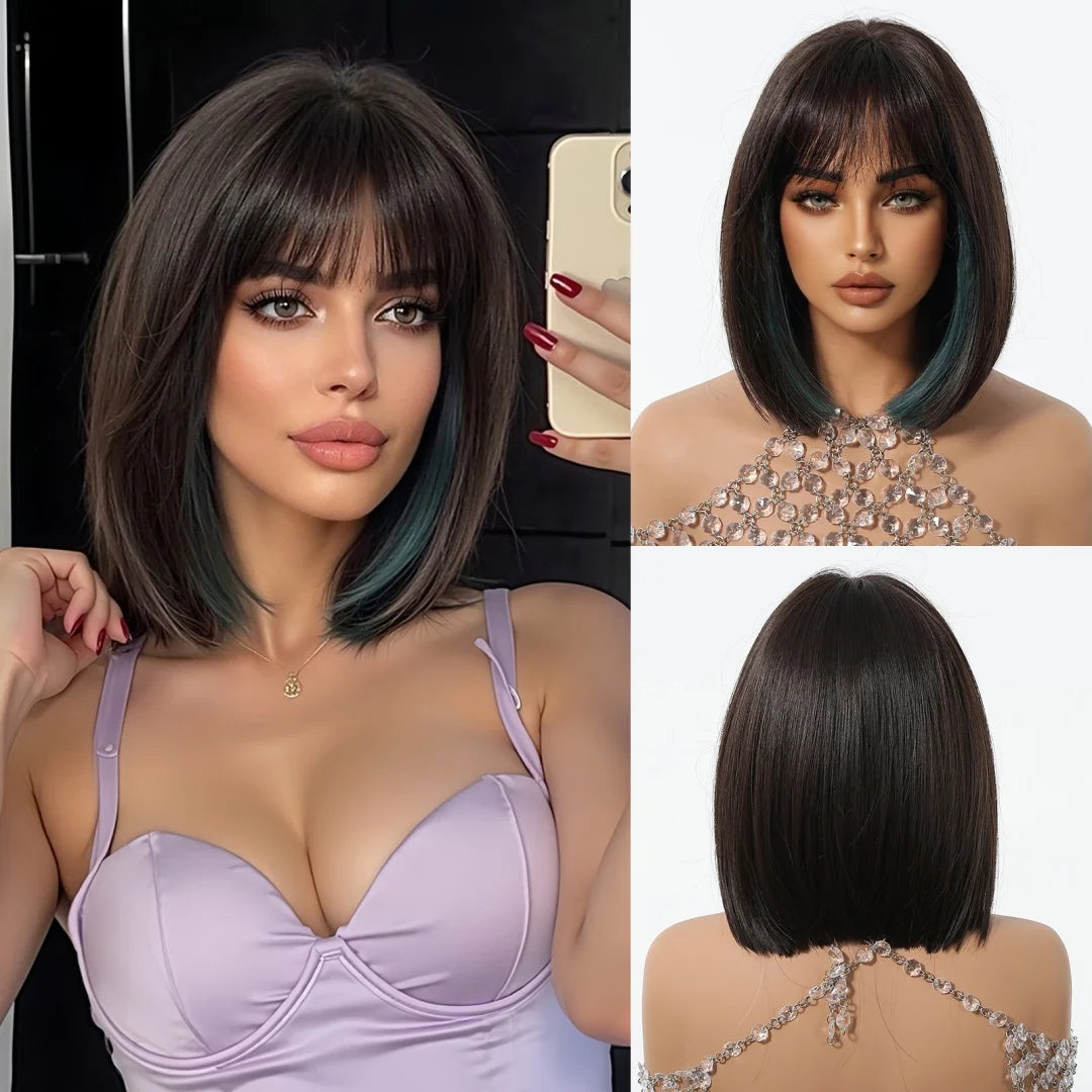 Black Short Straight Heat Resistant Fiber Synthetic Wigs