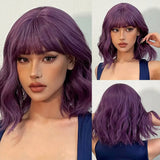 Purple Short Wavy Dark Brown Bob Natural Synthetic Wigs