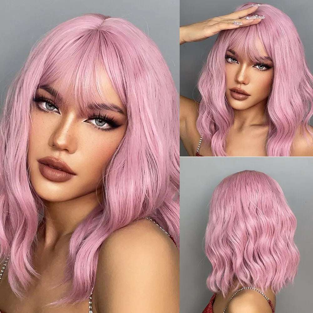 Pink Short Wavy Dark Brown Bob Natural Synthetic Wigs