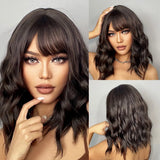 Black Short Wavy Dark Brown Bob Natural Synthetic Wigs