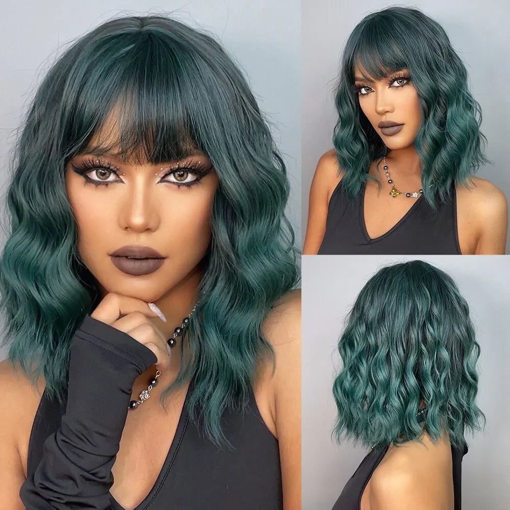 Green Short Wavy Dark Brown Bob Natural Synthetic Wigs