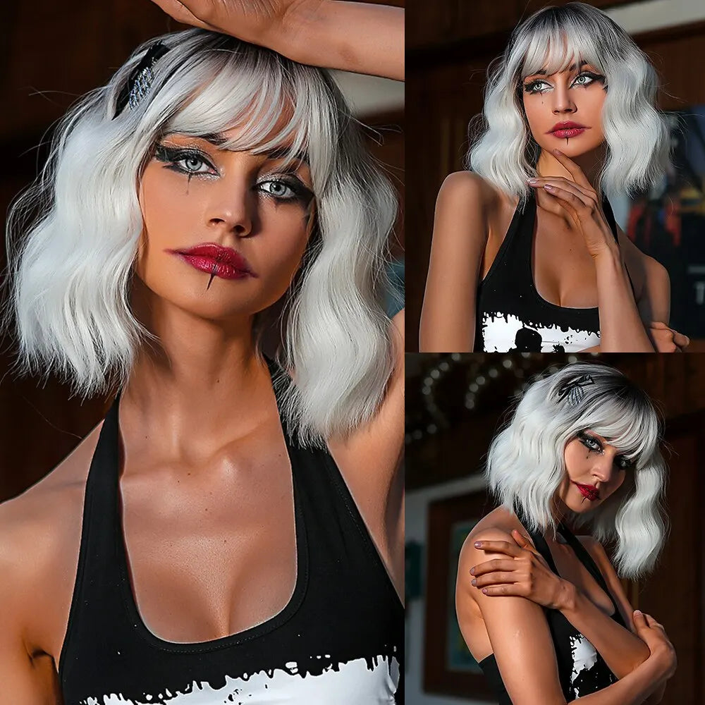 White Short Wavy Dark Brown Bob Natural Synthetic Wigs