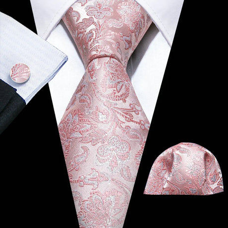 Pink Silk Jacquard Floral Wedding Business Necktie Handkerchief Cufflinks