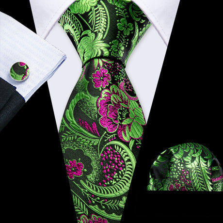 Green Silk Jacquard Floral Wedding Business Necktie Handkerchief Cufflinks
