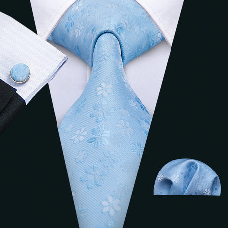 Blue Silk Jacquard Floral Wedding Business Necktie Handkerchief Cufflinks