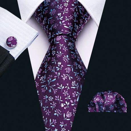 Purple Silk Jacquard Floral Wedding Business Necktie Handkerchief Cufflinks