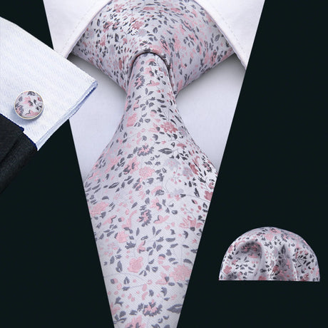 White Silk Jacquard Floral Wedding Business Necktie Handkerchief Cufflinks