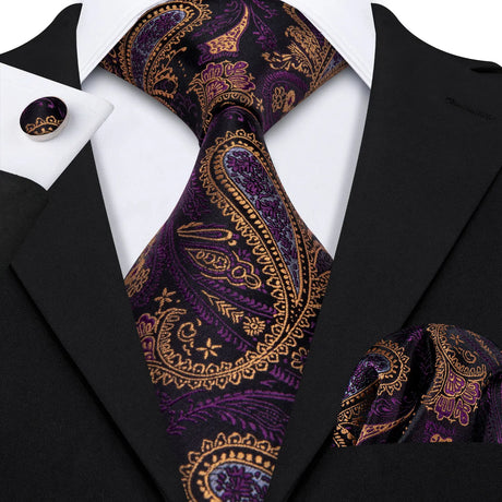 Gold Silk Jacquard Floral Wedding Business Necktie Handkerchief Cufflinks