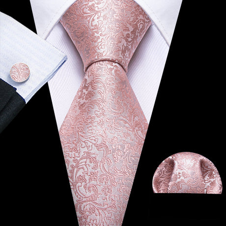 Pink Silk Jacquard Floral Wedding Business Necktie Handkerchief Cufflinks