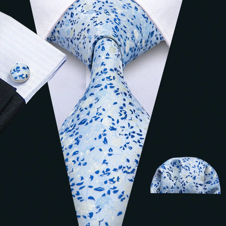 Blue Silk Jacquard Floral Wedding Business Necktie Handkerchief Cufflinks