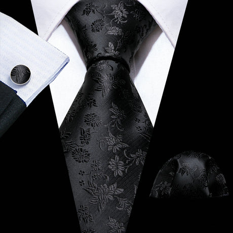 Black Silk Jacquard Floral Wedding Business Necktie Handkerchief Cufflinks