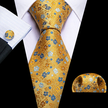 Yellow Silk Jacquard Floral Wedding Business Necktie Handkerchief Cufflinks