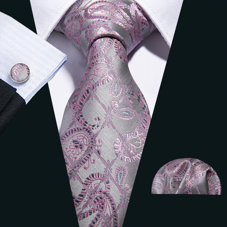 Gray Silk Jacquard Floral Wedding Business Necktie Handkerchief Cufflinks