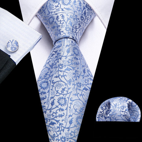 Blue Silk Jacquard Floral Wedding Business Necktie Handkerchief Cufflinks