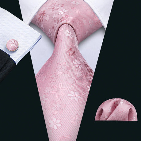 Pink Silk Jacquard Floral Wedding Business Necktie Handkerchief Cufflinks