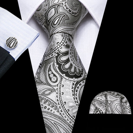 Silk Men Tie Handkerchief Cufflinks Set Grey