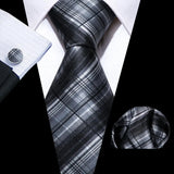 Silk Men Tie Handkerchief Cufflinks Set grey white black 