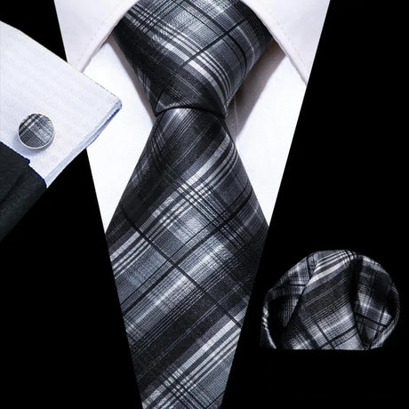 Silk Men Tie Handkerchief Cufflinks Set grey white black 