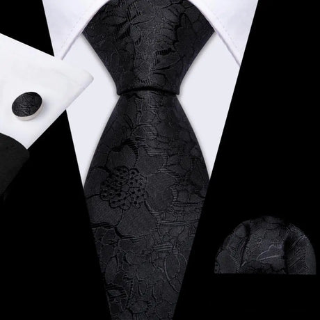 Silk Men Tie Handkerchief Cufflinks Set black