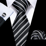 Silk Men Tie Handkerchief Cufflinks Set black white