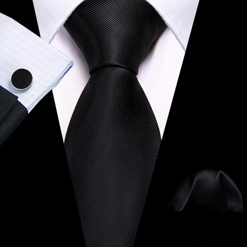 Silk Men Tie Handkerchief Cufflinks Set black