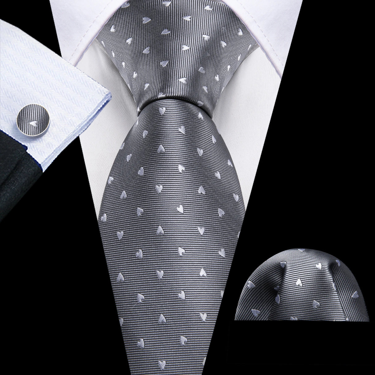 Silk Men Tie Handkerchief Cufflinks Set grey heart