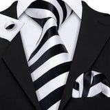 Silk Men Tie Handkerchief Cufflinks Set black white