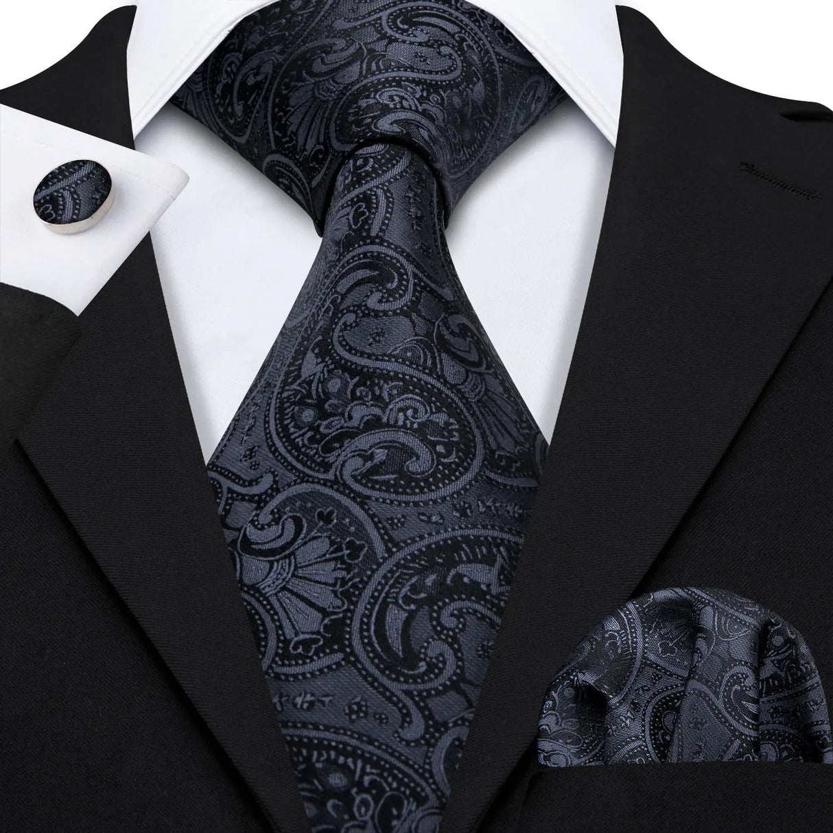 Silk Men Tie Handkerchief Cufflinks Set black grey