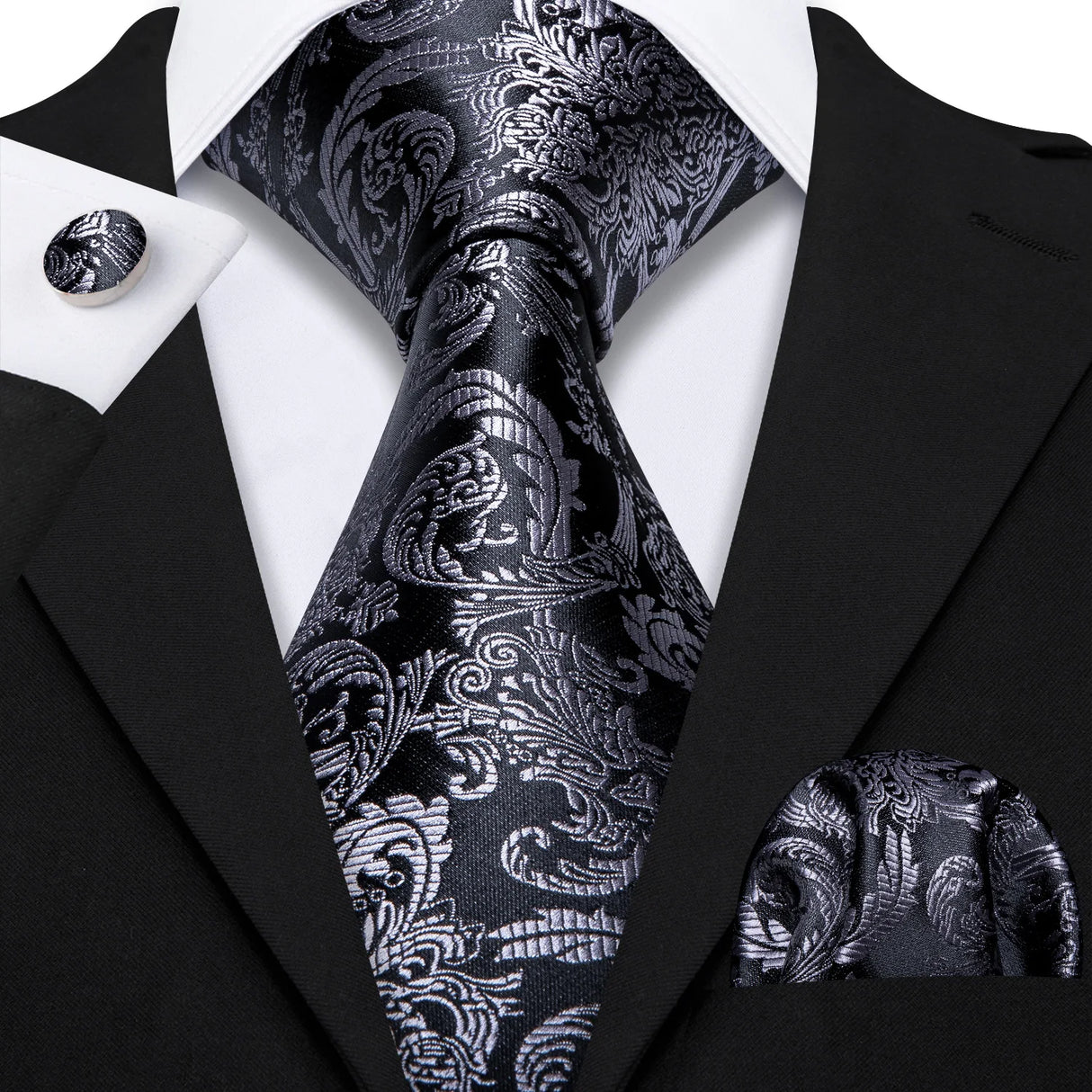 Silk Men Tie Handkerchief Cufflinks Set grey black