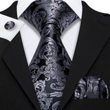 Silk Men Tie Handkerchief Cufflinks Set grey black