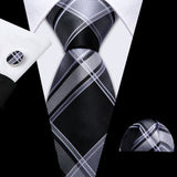 Silk Men Tie Handkerchief Cufflinks Set grey black