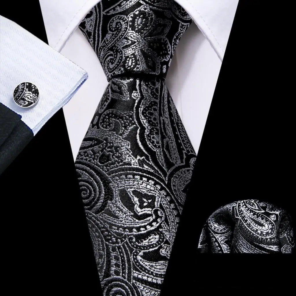 Silk Men Tie Handkerchief Cufflinks Set black silver