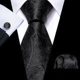 Silk Men Tie Handkerchief Cufflinks Set black